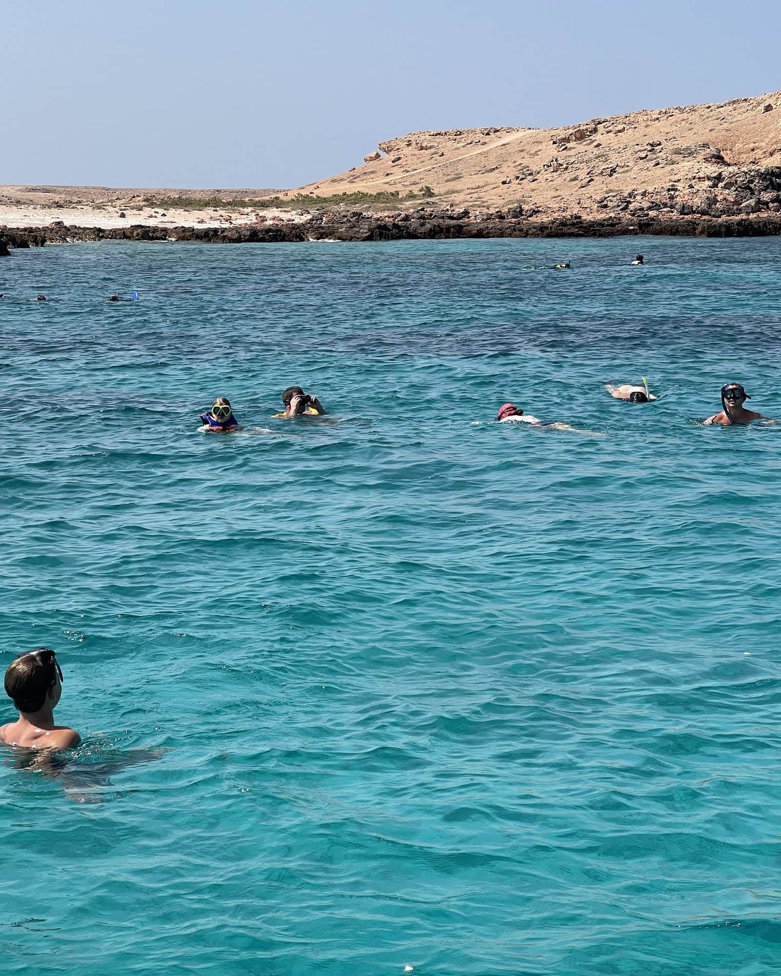 A group snorkelling in a calm turquoise lagoon at the Daymaniyat Islands on a full-day tour
