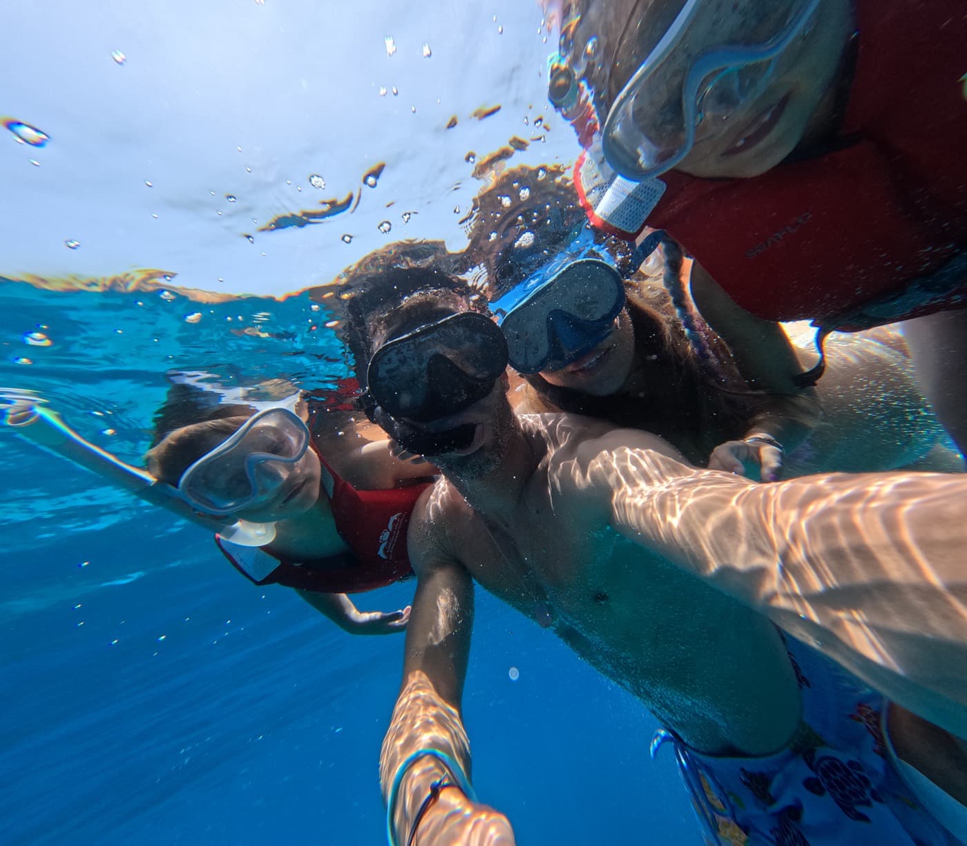 A group of snorkellers underwater in the clear blue water of the Daymaniyat Islands